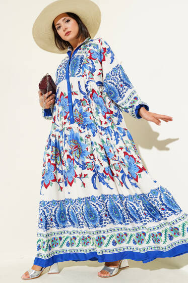 Çiçek Desenli Bilek Lastikli Elbise Saks - Elbise