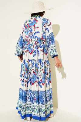 Çiçek Desenli Bilek Lastikli Elbise Saks - Tesettür Elbise