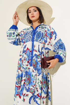 Çiçek Desenli Bilek Lastikli Elbise Saks - Tesettür Elbise