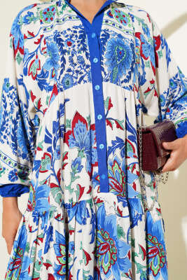 Çiçek Desenli Bilek Lastikli Elbise Saks - Tesettür Elbise