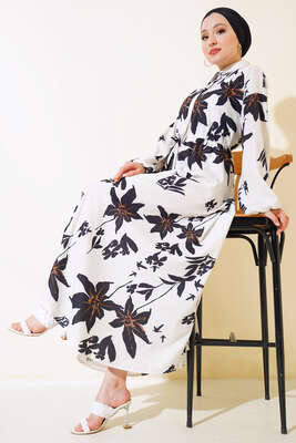 Çiçek Desenli Boydan Gizli Elbise Ekru - Thumbnail