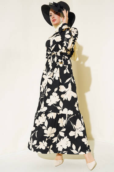 Çiçek Desenli Bürümcük Elbise Bej - Elbise