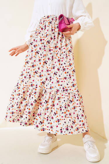 Çiçek Desenli Bürümcük Kat Etek Bej - Etek