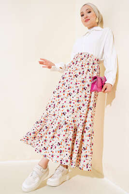 Çiçek Desenli Bürümcük Kat Etek Bej - Uzun Etek