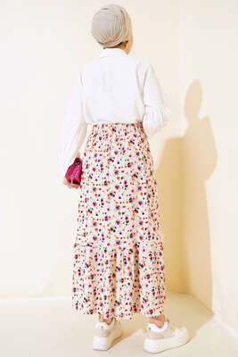 Çiçek Desenli Bürümcük Kat Etek Bej - Uzun Etek