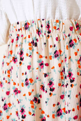 Çiçek Desenli Bürümcük Kat Etek Bej - Uzun Etek