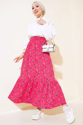 Çiçek Desenli Bürümcük Kat Etek Fusya - Uzun Etek