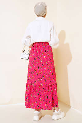 Çiçek Desenli Bürümcük Kat Etek Fusya - Uzun Etek