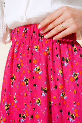 Çiçek Desenli Bürümcük Kat Etek Fusya - Uzun Etek