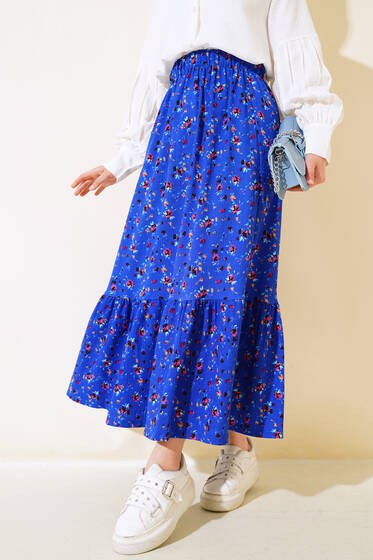 Çiçek Desenli Bürümcük Kat Etek Saks - Etek