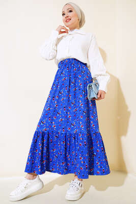 Çiçek Desenli Bürümcük Kat Etek Saks - Uzun Etek