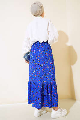 Çiçek Desenli Bürümcük Kat Etek Saks - Uzun Etek