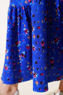 Çiçek Desenli Bürümcük Kat Etek Saks - Uzun Etek