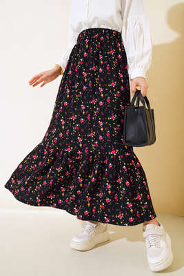 Çiçek Desenli Bürümcük Kat Etek Siyah - Uzun Etek