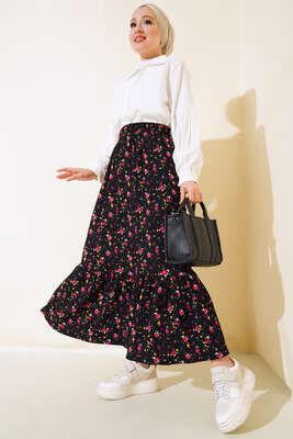 Çiçek Desenli Bürümcük Kat Etek Siyah - Uzun Etek