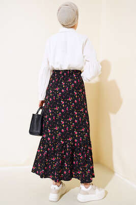 Çiçek Desenli Bürümcük Kat Etek Siyah - Uzun Etek