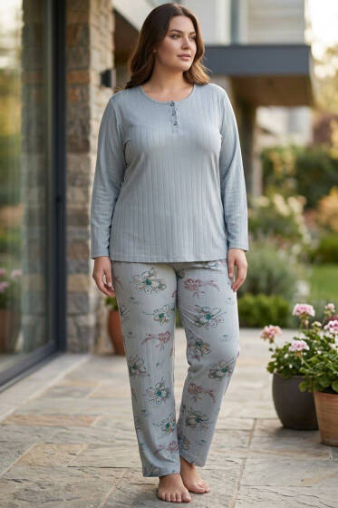 Çiçek Desenli Büyük Beden Pijama Takımı Çağla Yeşili - Pijama