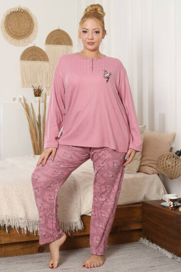 Çiçek Desenli Büyük Beden Pijama Takımı Gül Kurusu - Pijama