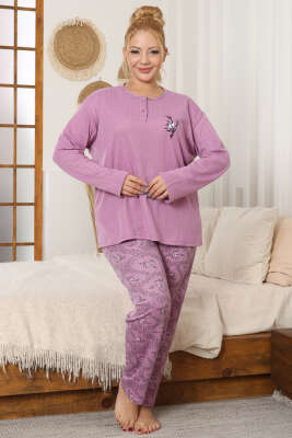 Çiçek Desenli Büyük Beden Pijama Takımı Lila - GLİSA