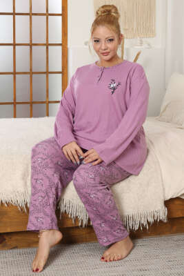 Çiçek Desenli Büyük Beden Pijama Takımı Lila - Pijama