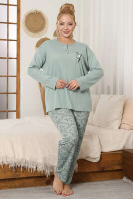 Çiçek Desenli Büyük Beden Pijama Takımı Mint 