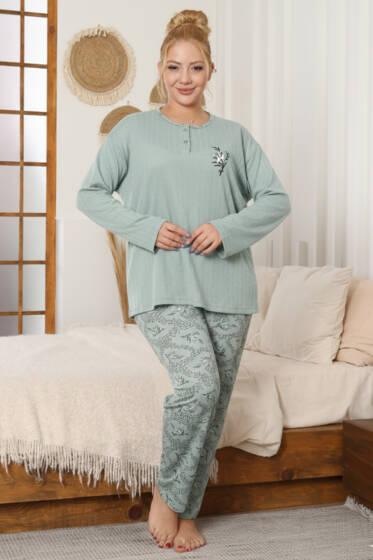 Çiçek Desenli Büyük Beden Pijama Takımı Mint - Pijama