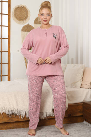 Çiçek Desenli Büyük Beden Pijama Takımı Pudra - Pijama