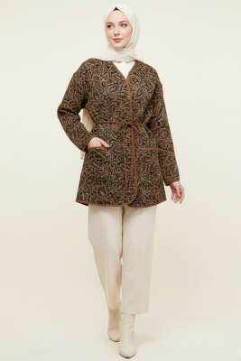 Çiçek Desenli Cepli Ceket Kahve - Ceket