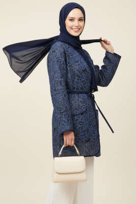Çiçek Desenli Cepli Ceket Lacivert - SAS