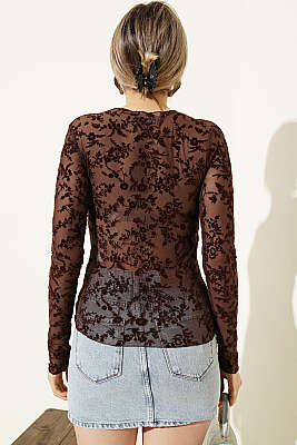 Çiçek Desenli Dantelli Bluz Kahve - Kadın Giyim Modelleri