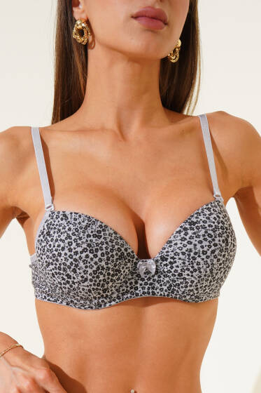 Çiçek Desenli Destekli Sütyen Gri - Destekli / Push Up Sütyen