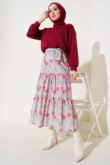Çiçek Desenli Etekli İkili Takım Bordo - İkili Takım