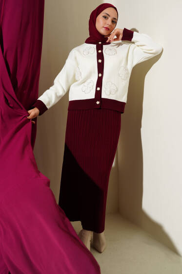 Çiçek Desenli Etekli Triko İkili Takım Bordo - İkili Takım