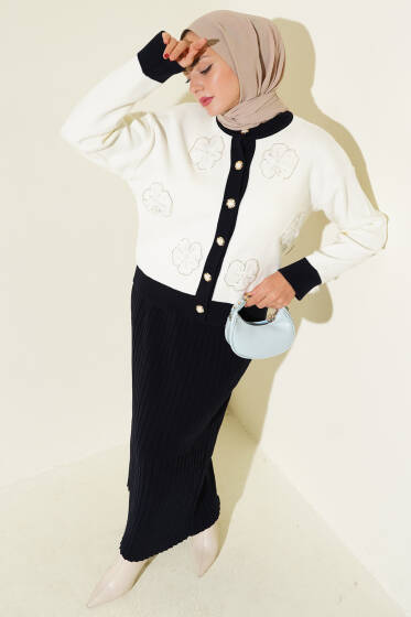 Çiçek Desenli Etekli Triko İkili Takım Lacivert - İkili Takım