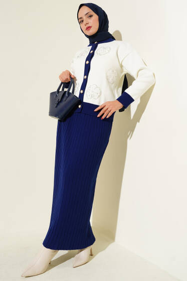 Çiçek Desenli Etekli Triko İkili Takım Saks - İkili Takım