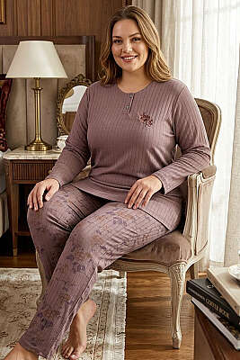 Çiçek Desenli Fitilli Büyük Beden Pijama Takımı Gül Kurusu - Pijama