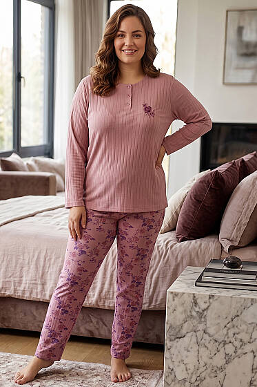 Çiçek Desenli Fitilli Büyük Beden Pijama Takımı Pudra - Pijama