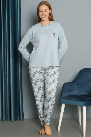 Çiçek Desenli Fitilli Pijama Takımı Bebe Mavi - Pijama