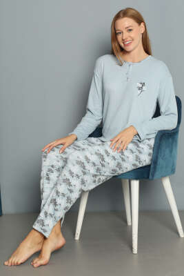Çiçek Desenli Fitilli Pijama Takımı Bebe Mavi - Pijama