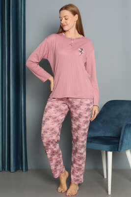 Çiçek Desenli Fitilli Pijama Takımı Gül Kurusu 