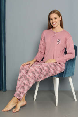 Çiçek Desenli Fitilli Pijama Takımı Gül Kurusu - Pijama