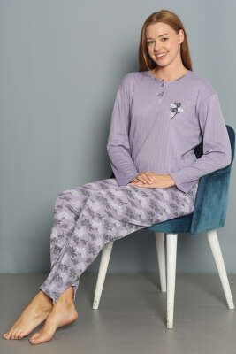 Çiçek Desenli Fitilli Pijama Takımı Lila - Pijama