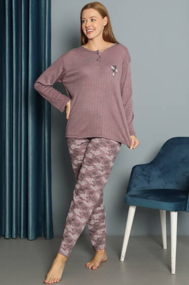 Çiçek Desenli Fitilli Pijama Takımı Mürdüm - Pijama