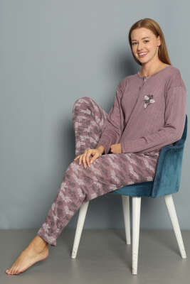 Çiçek Desenli Fitilli Pijama Takımı Mürdüm - Pijama