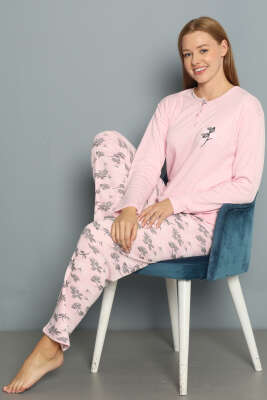 Çiçek Desenli Fitilli Pijama Takımı Pembe 
