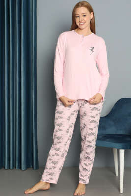 Çiçek Desenli Fitilli Pijama Takımı Pembe - Pijama