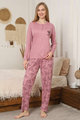 Çiçek Desenli Fitilli Uzun Kol Pijama Takımı Gül Kurusu - Pijama