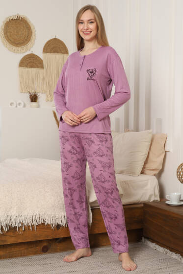 Çiçek Desenli Fitilli Uzun Kol Pijama Takımı Lila - Pijama