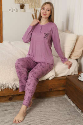 Çiçek Desenli Fitilli Uzun Kol Pijama Takımı Lila - Pijama