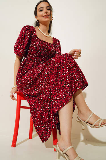 Çiçek Desenli Gipeli Elbise Bordo - Kadın Giyim Modelleri